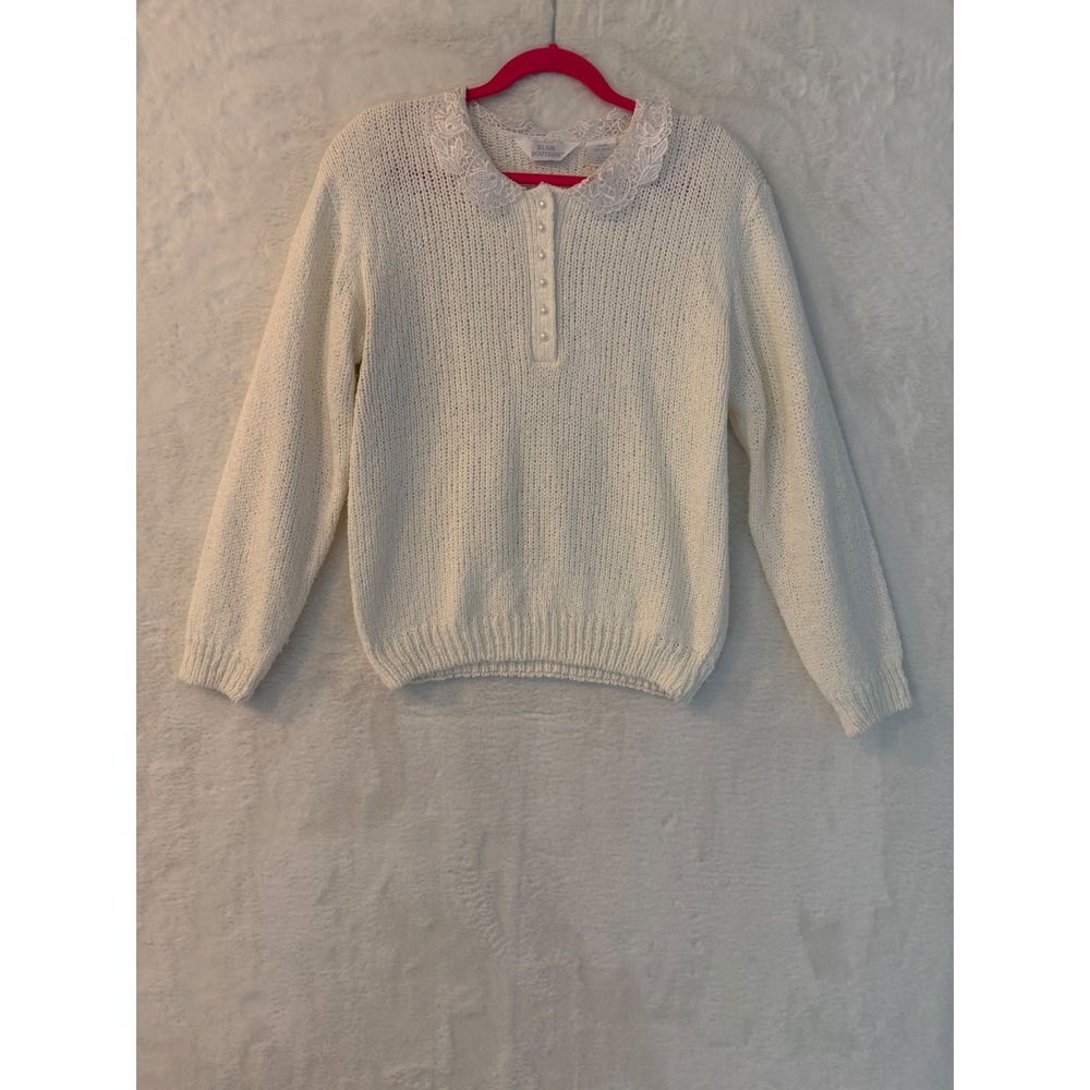 Blair‎ Boutique Vintage Lace Collar Pearl Button Knit Sweater Off-White Large